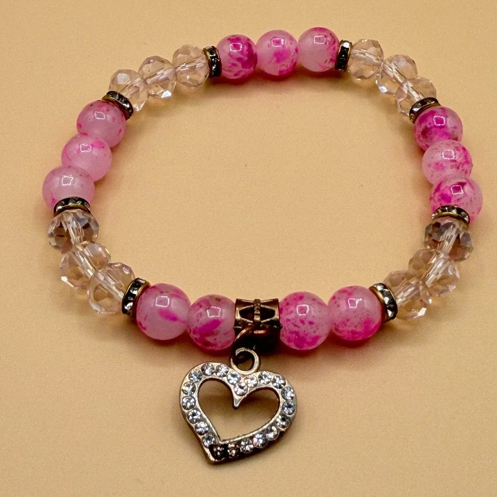 Pink Crystal Beaded Heart Charm Stretch Bracelet Romantic Coquette Statement